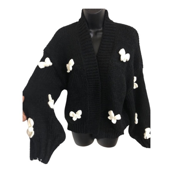 Black and White Crochet bow open front crochet style cardigan One Size new - Picture 1 of 12